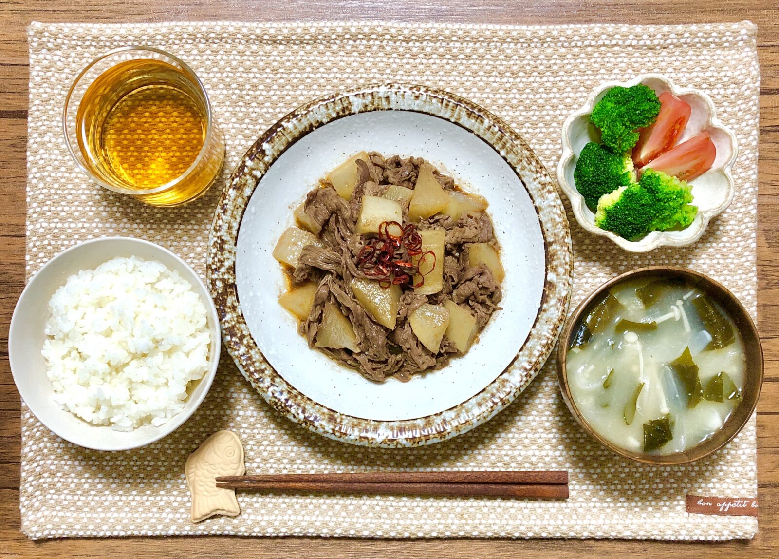 牛こま肉と大根の甘辛煮の献立