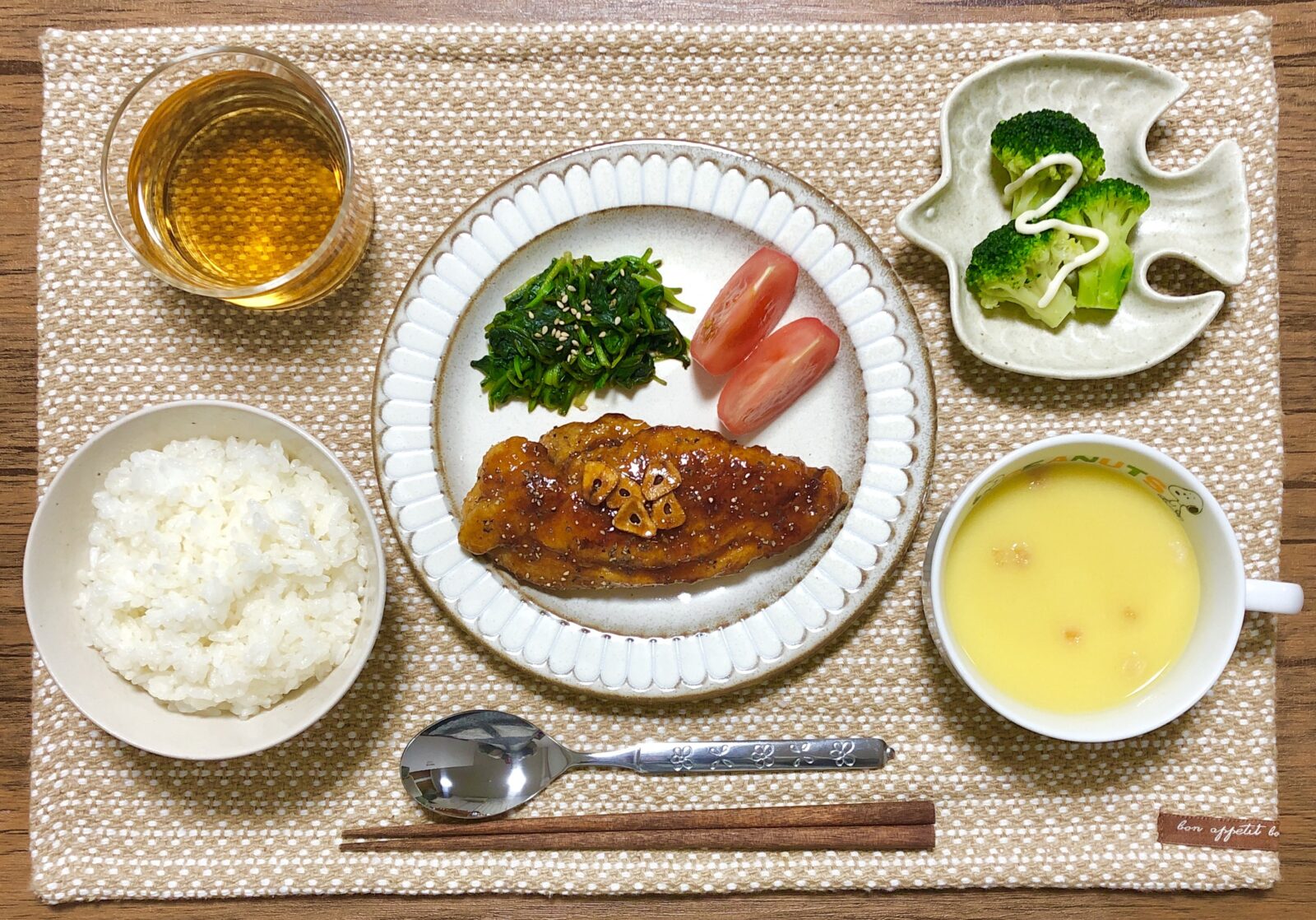 鶏むね肉の甘酢チキンと鳥の小皿を使った献立
